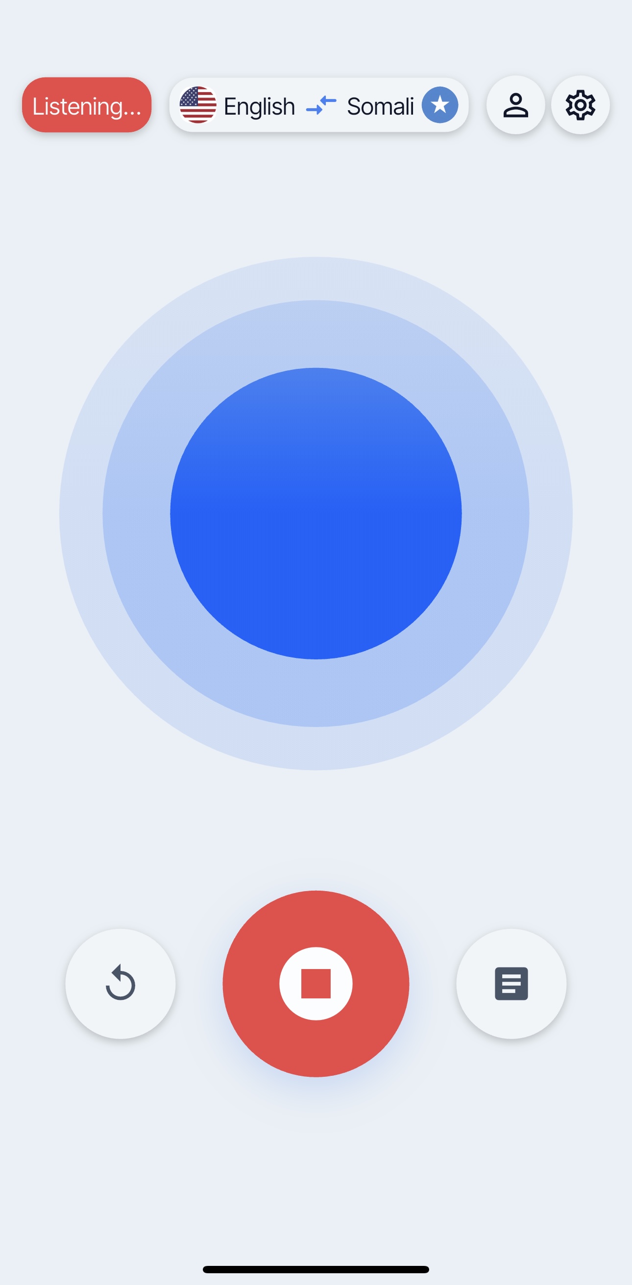 Fahan Somali voice translator actively listening to speech in real time.