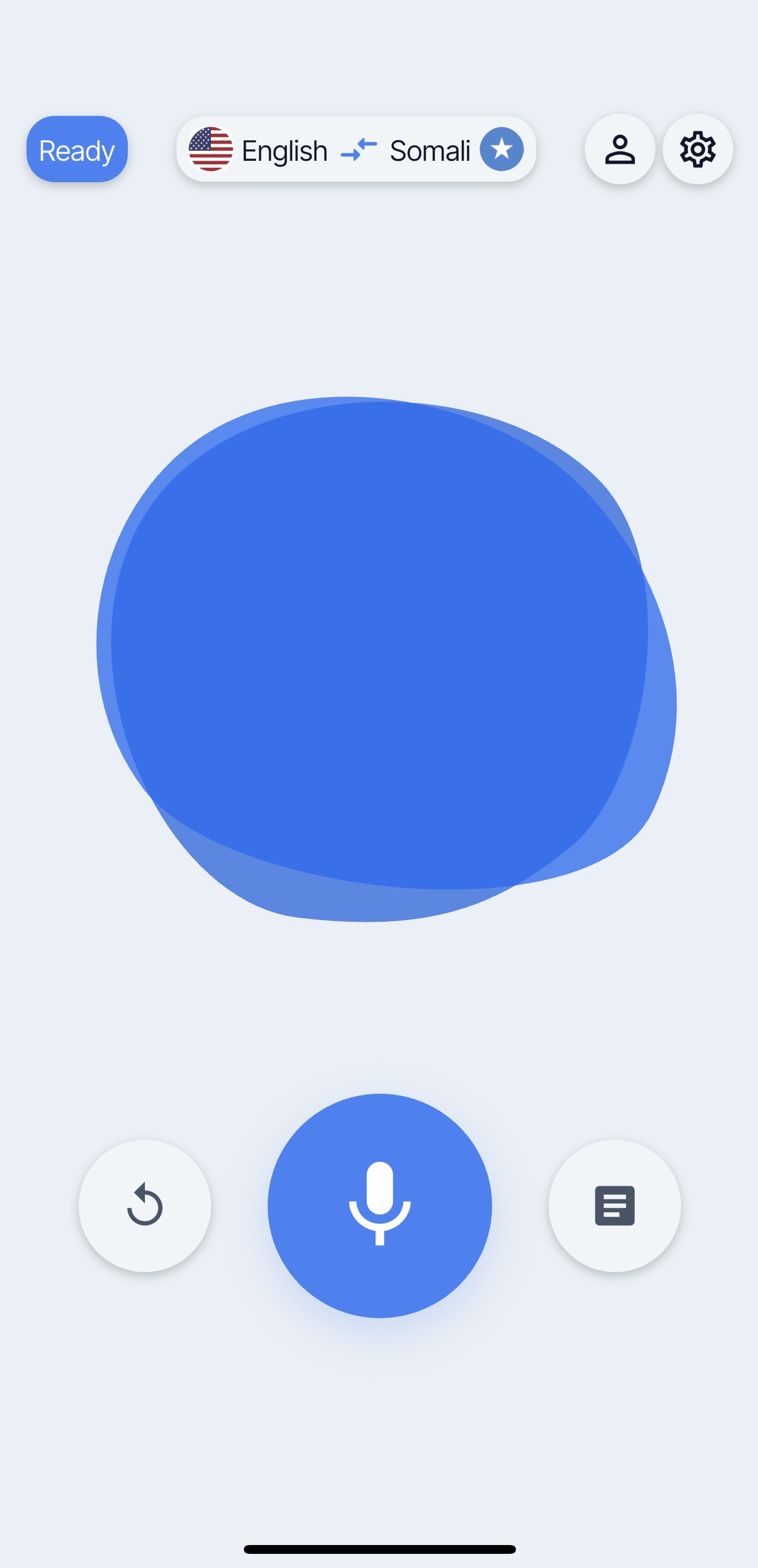 Fahan Somali translator app in Ready state with English and Somali selected.